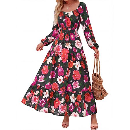 BTFBM Women's Square Neck Long Sleeve Flowy Maxi Dress (Various)