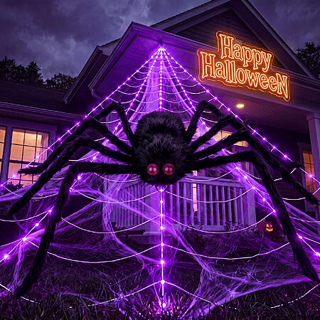 16.4' Brightown Halloween Spider Web Lights w/ 255 LEDs & 6.6' Plush Spider $17