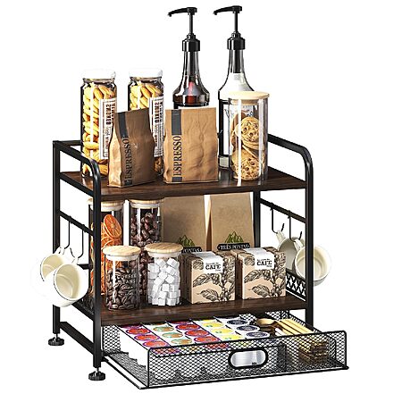 IBEDMAZIE 2-Tier Metal & Wood Coffee Bar Organizer w/ Sliding Drawer & Mug Hooks (Black) $19.95 + Free Shipping