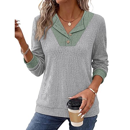Sampeel Women's Long Sleeve Henley Tunic Sweater Top