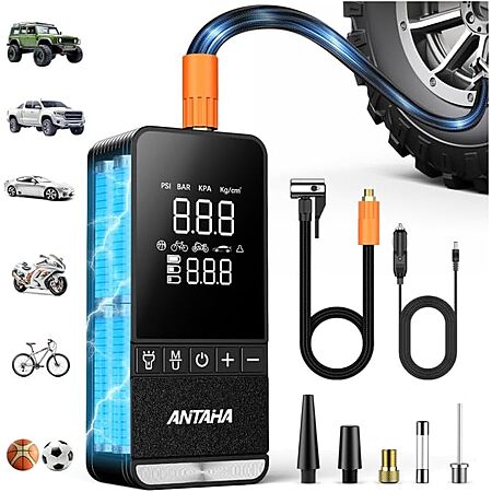 Antaha 150PSI Dual Power Source Portable Air Compressor w/ LED Light & Auto Shut-Off $13.29 + Free Shipping w/ Prime or on $35+