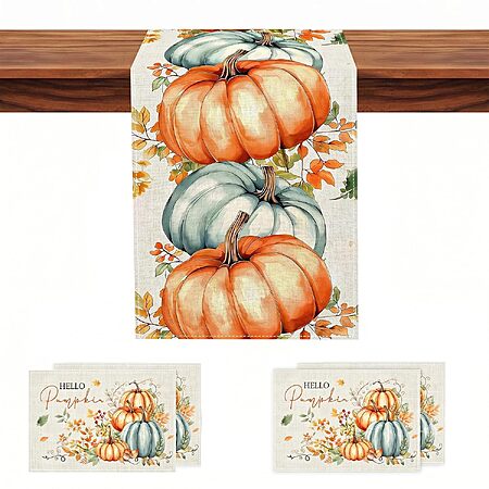 YOPINCO 13" x 72" Fall Halloween Pumpkin Table Runner w/ Placemats (Set of 4)