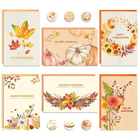 24-Count Thboxes 4"x6" Thanksgiving Greeting Cards w/ Envelopes & Stickers (6 Designs)