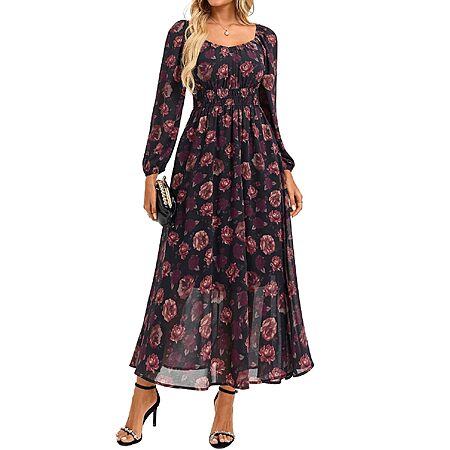 GRACE KARIN Women's Floral Long Sleeve Sweetheart Neck A-Line Maxi Dress
