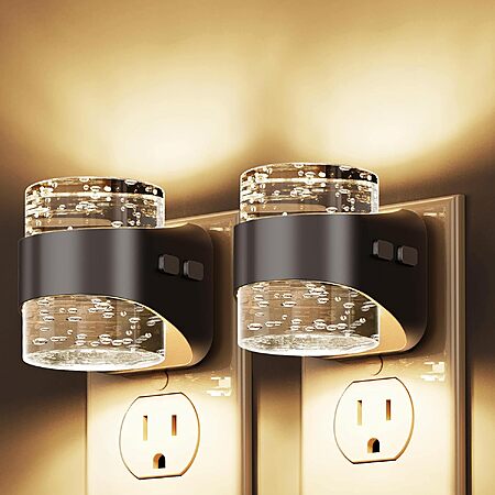 2-Pack L LOHAS LED Dimmable Wall Plug Bubble Night Lights w/ Light Sensor (Black Bubble-3000K)