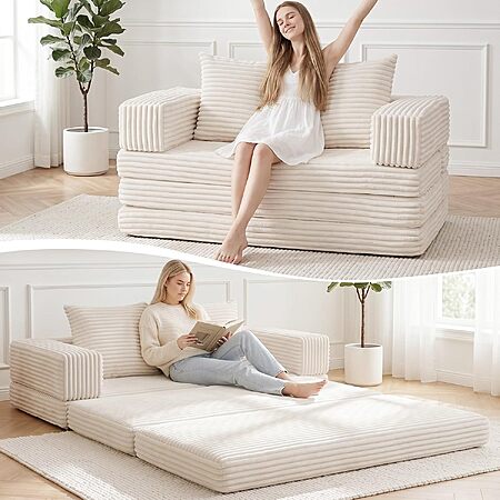 Tykacna Convertible Boneless Loveseat Sofa Bed w/ Removable Armrests & Backrest