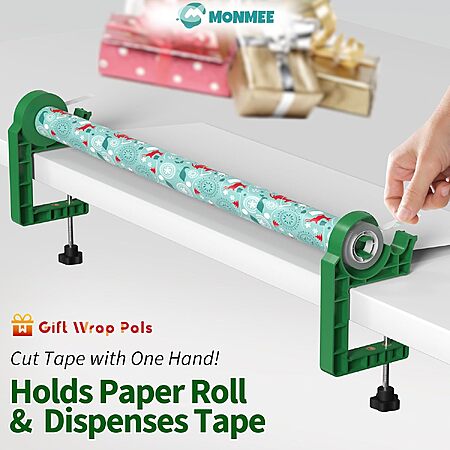 MONMEE Wrapping Paper Holder w/ One-Hand Tape Cutters & 2 Tape Rolls (Various Colors) $12.99 & More