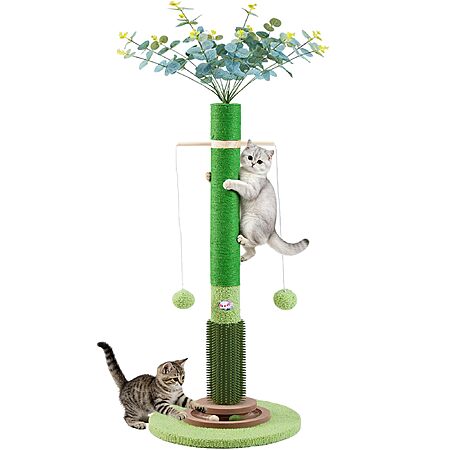 40'' Couner Sisal Cat Scratching Post Tree w/ Artificial Flower Topper, Self Groomer and Ball Toys