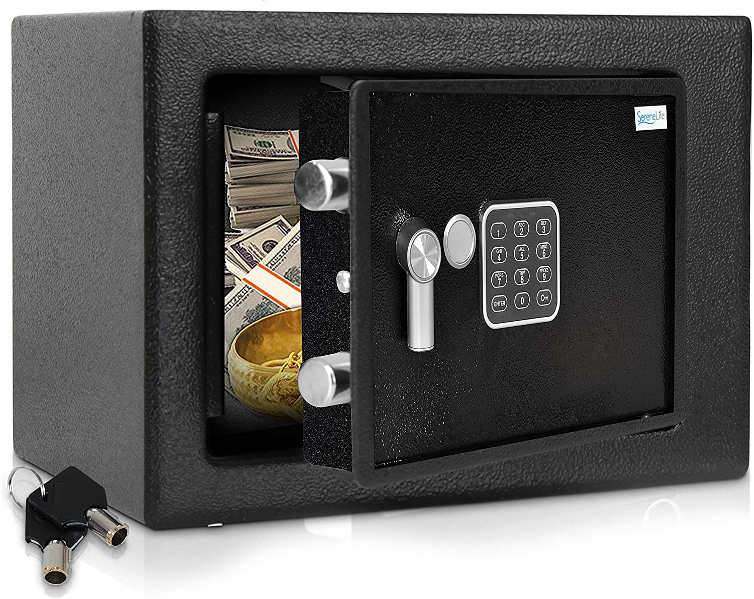SereneLife SLSFE15 - Electronic Home Safe - Locking Safe Box with Mechanical Override, Includes Keys $36