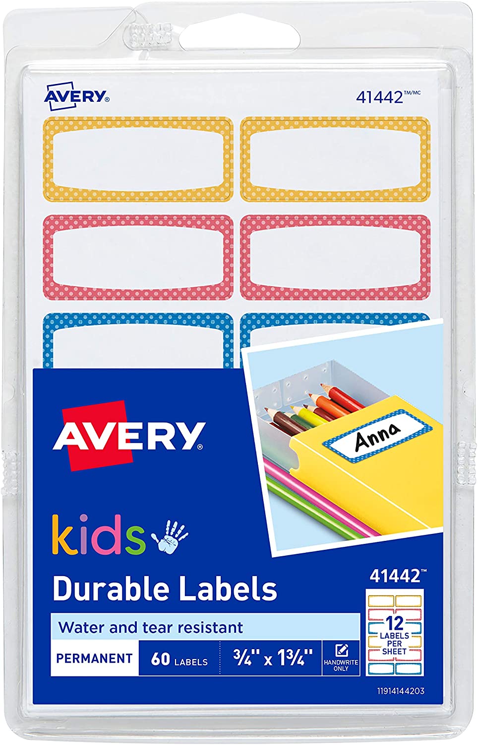 Avery 0.75 x 1.75 Inches Durable Labels for Kids Gear, Assorted, Pack of 60 (41442) - $1.88 FS w/ Prime