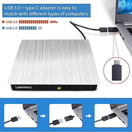 Laurensory USB 3.0 External DVD Drive / Burner $9.20 @ Amazon