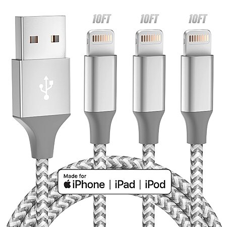 3-Pack 10' Bkayp Apple MFi Certified USB to Lightning Charging Cables $4 @ Amazon