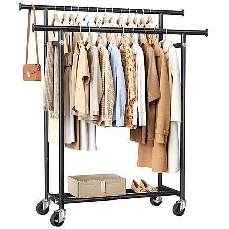 HYSEYY Double Rod Clothes Rack on Wheels $22.80