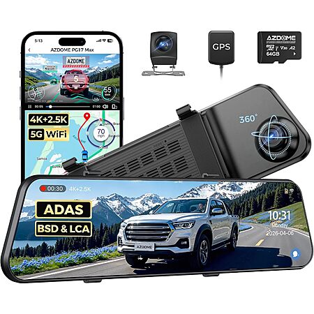 12" AZDOME PG17 Max 4K+2.5K Mirror Dash Cam with ADAS, BSD and LCA $59.50 + Free S/H