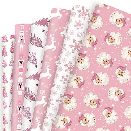 20 X 28 Inches Vnaaem Pink Christmas Wrapping Paper 6 Xmas Style Bulk Santa Nutracker (6 Folded Sheet)