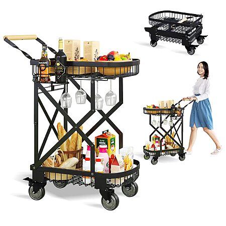 LACACIVIN 2-Tier Foldable Shopping Cart with Wheels 360° Swivel Heavy Duty $69.99 + Free Shipping