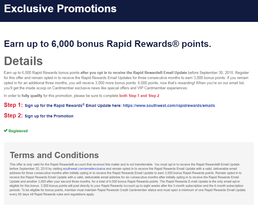 Earn up to 6,000 bonus Southwest Rapid Rewards® points - Opt In to Receive Emails Promotion - YMMV