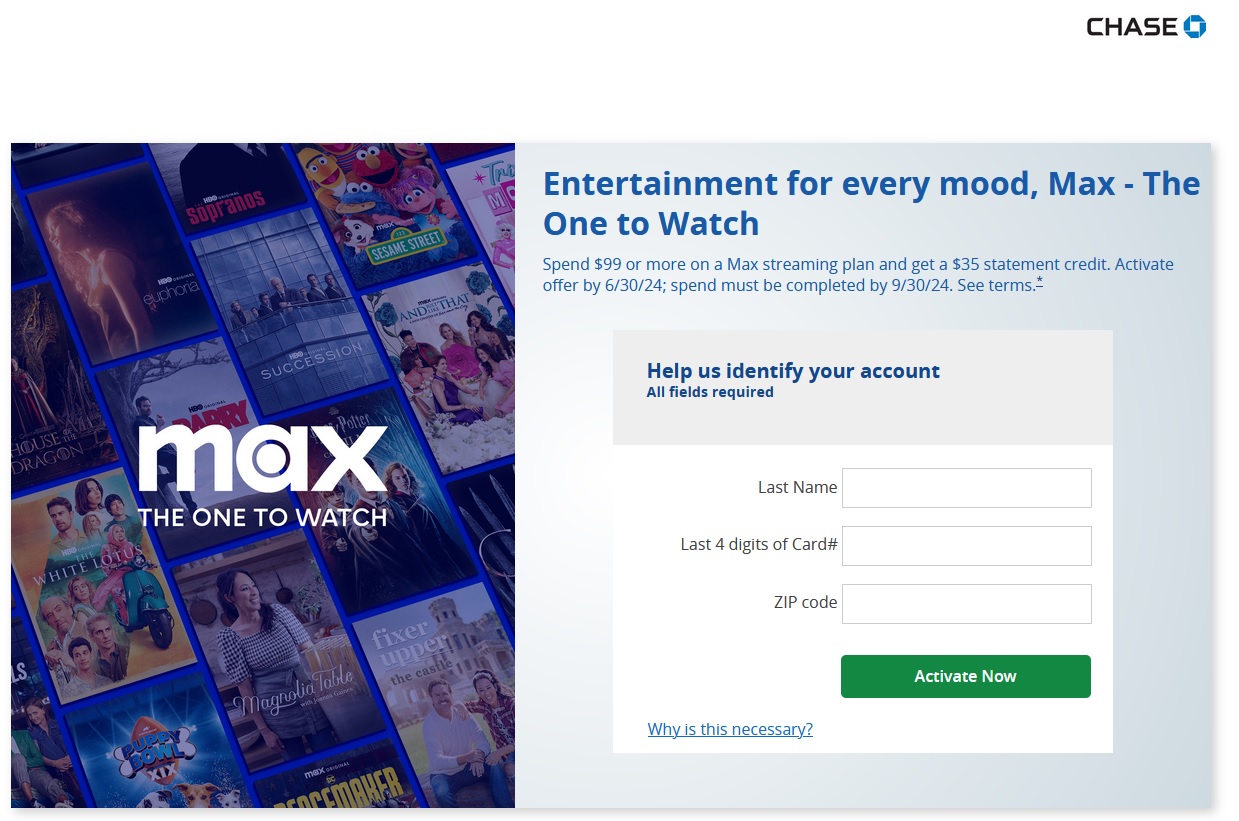 Selected Chase Cardholders: $35 or $25 Off $99 DIRECT HBO MAX Purchase by 09/30/2024
