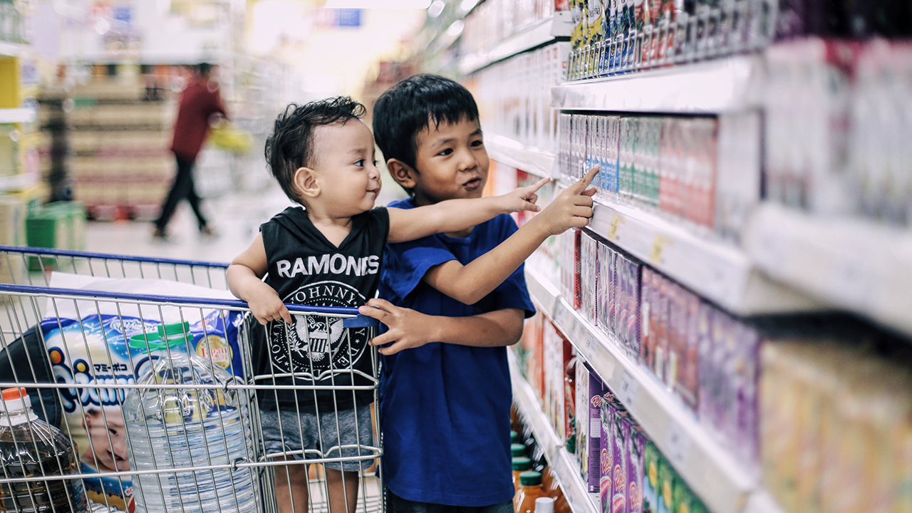 children use a shopping cart at the grocery store