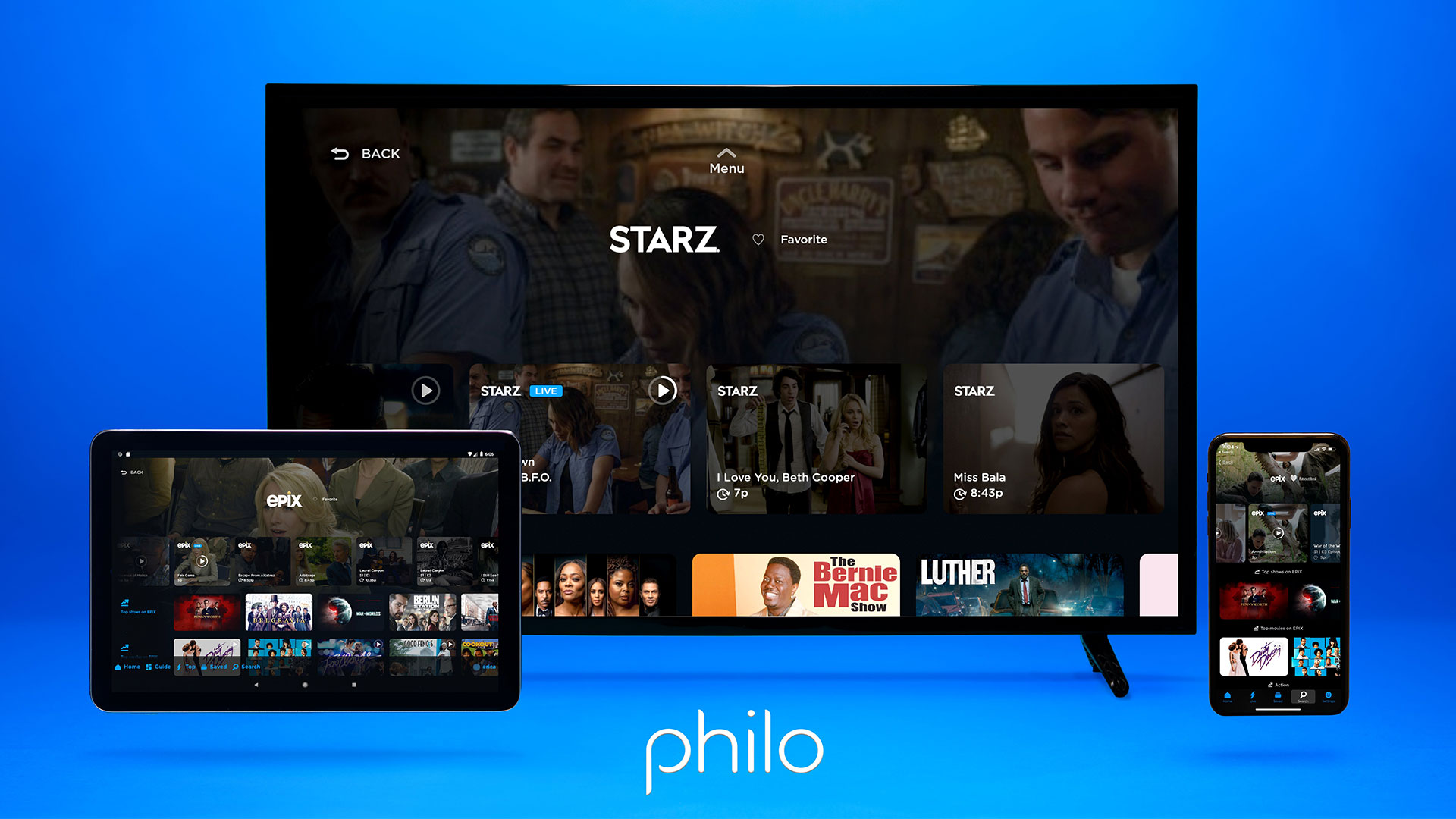 Philo screenshot on multiple devices on blue background