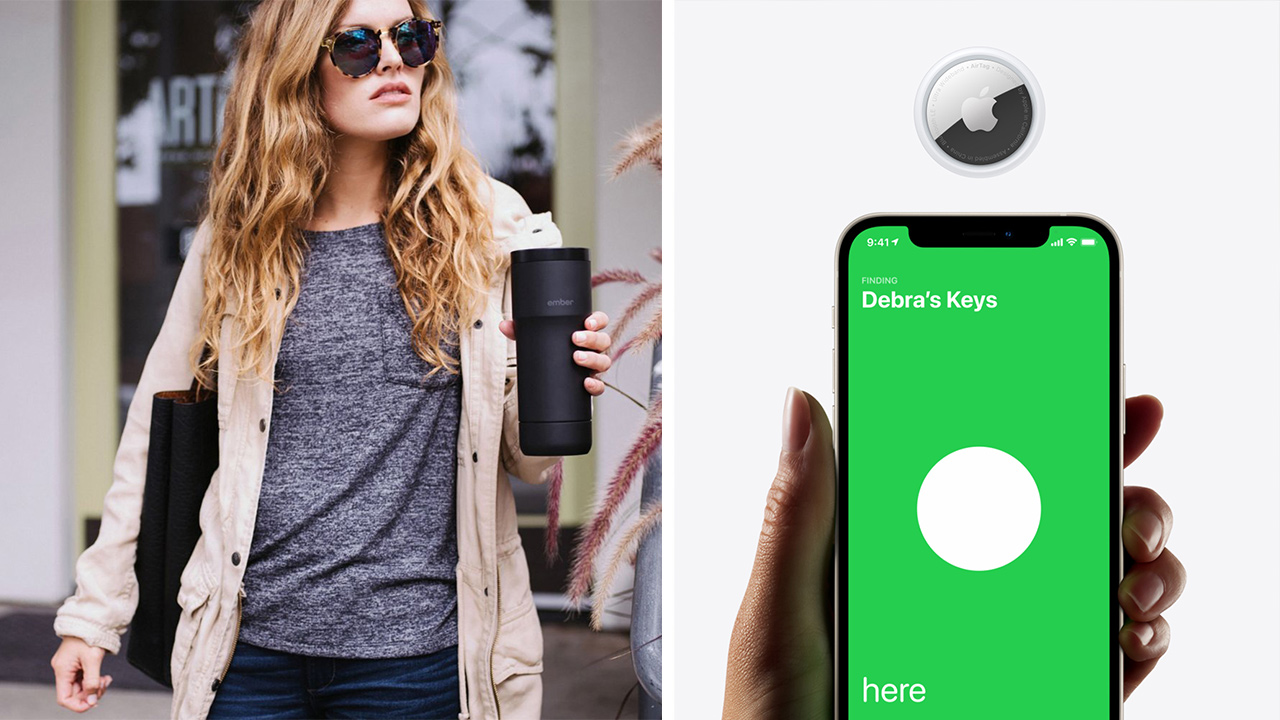 woman-holding-ember-temperature-control-ember-smart-mug and apple airtag