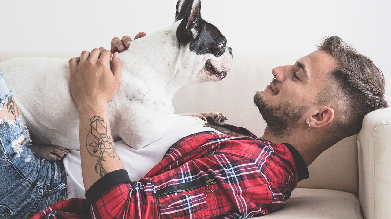 Sitting with pet in living room
