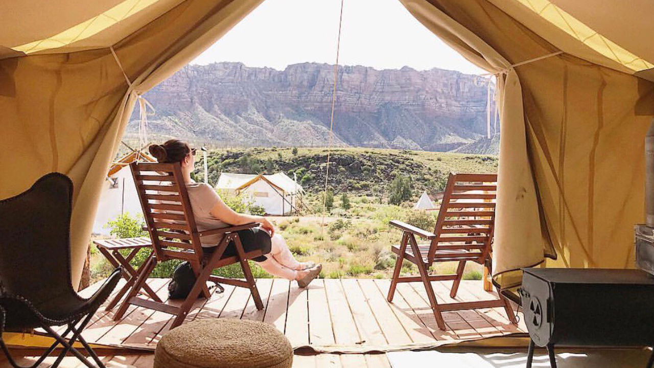 camping gear to make camping fun and women enjoying camping and view