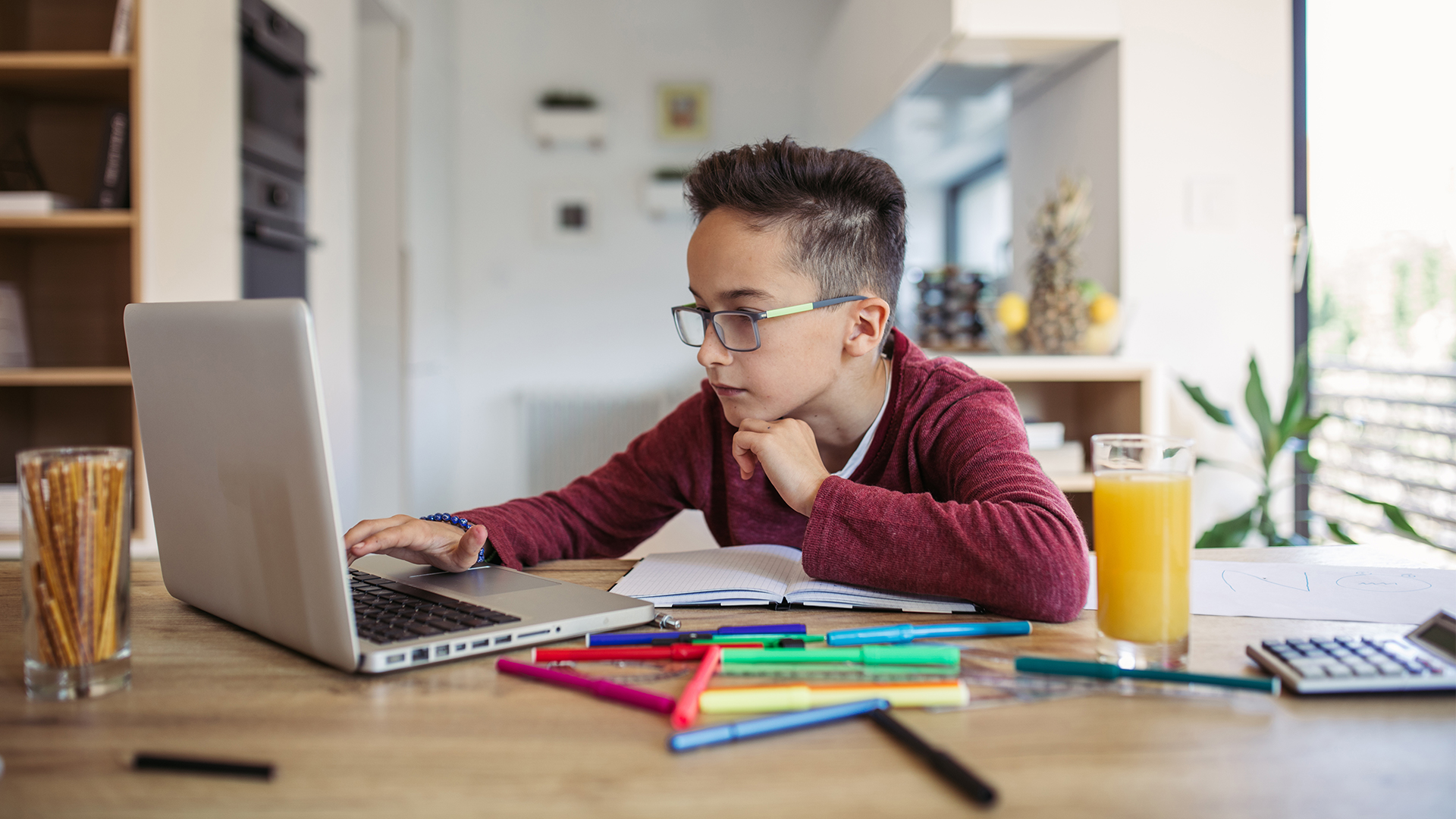 boy at home doing school homework on laptop hero