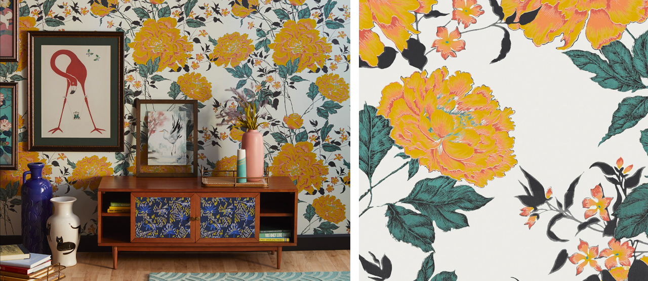 inbody Yellow Vintage Floral Peel and Stick Wallpaper by Drew Barrymore Flower Home_
