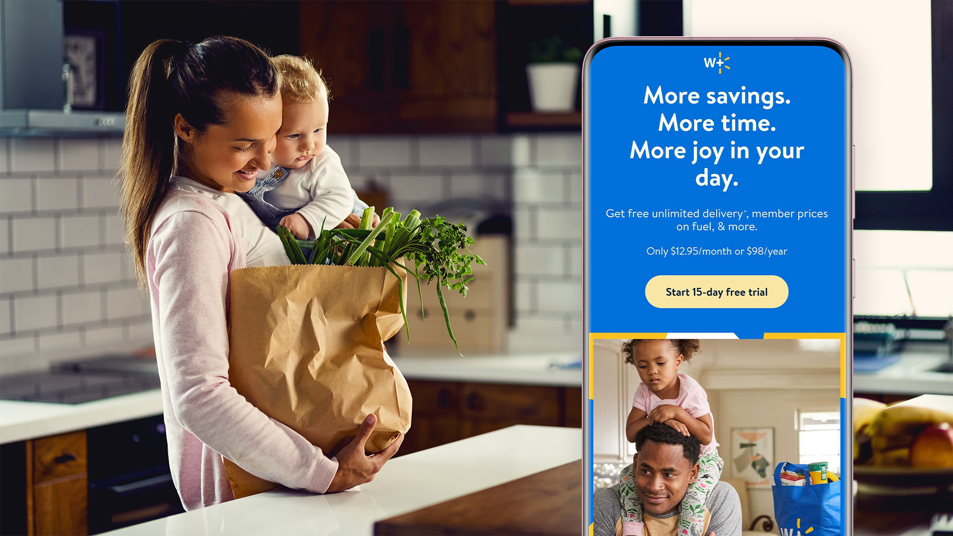 mom and baby with groceries with phone app