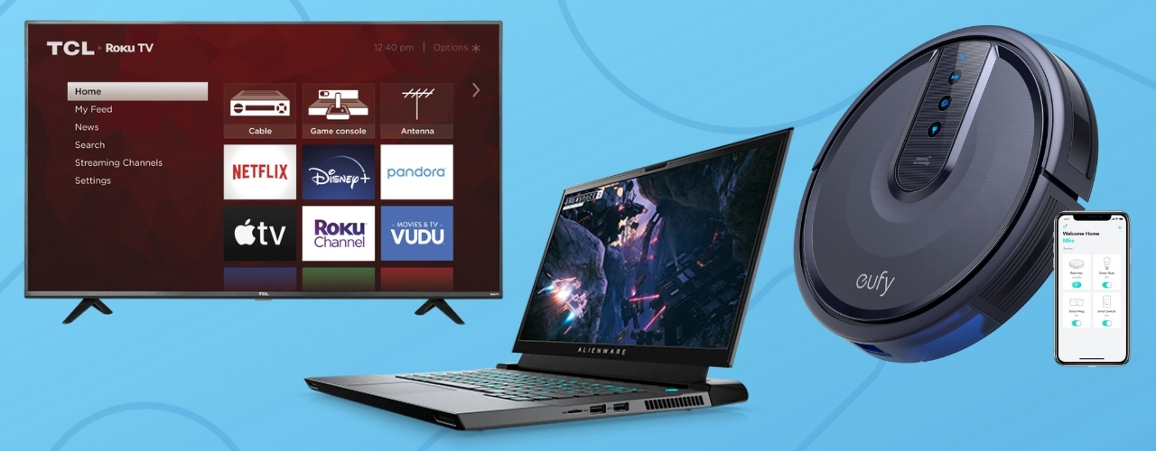 tv laptop vacuum on blue background