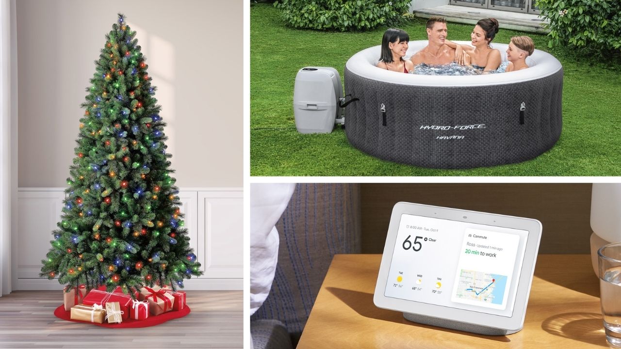tree, jacuzzi, and google hub in collage