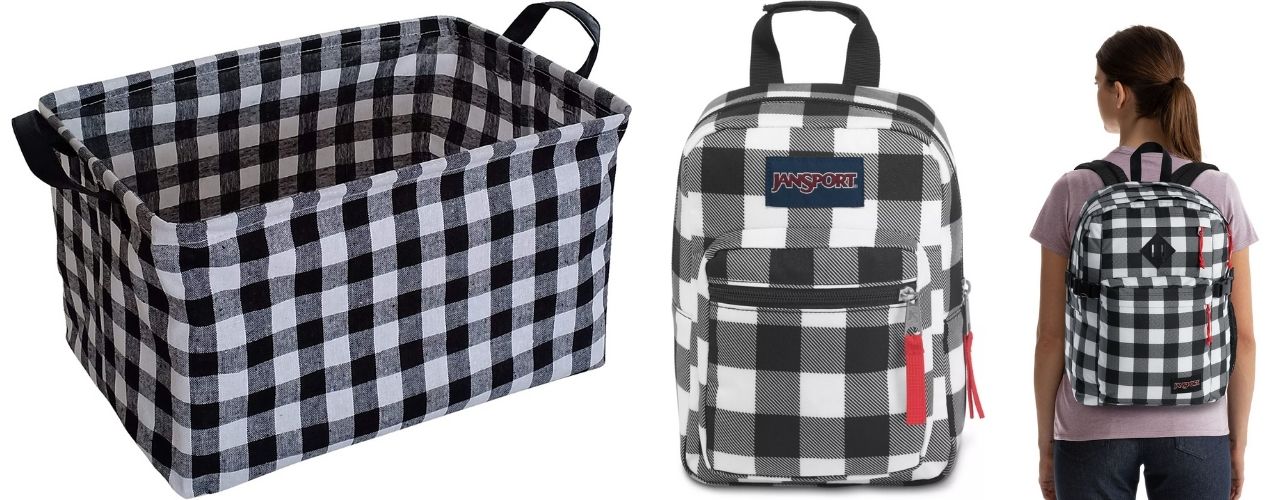 buffalo plaid bin, lunch box, backpack
