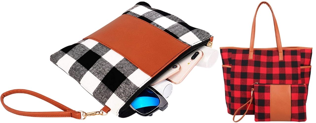 buffalo plaid purses on white background