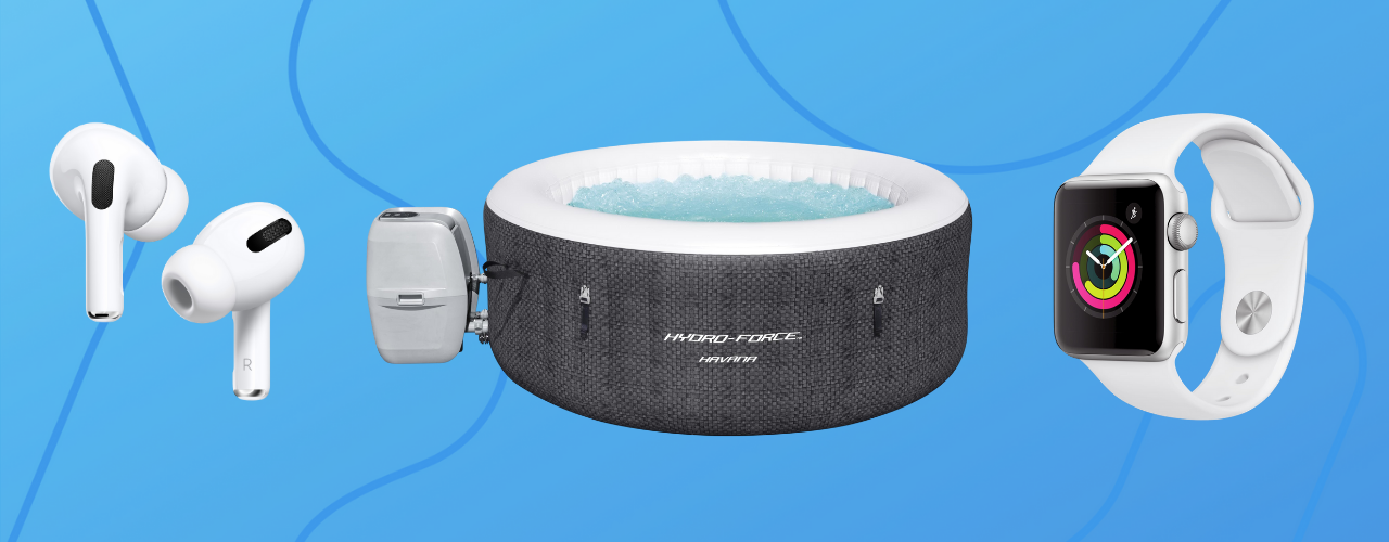 Apple AirPod Pros, Hydro-Force Havana Inflatable Hot Tub Spa. and Apple Watch Series 3 on blue background