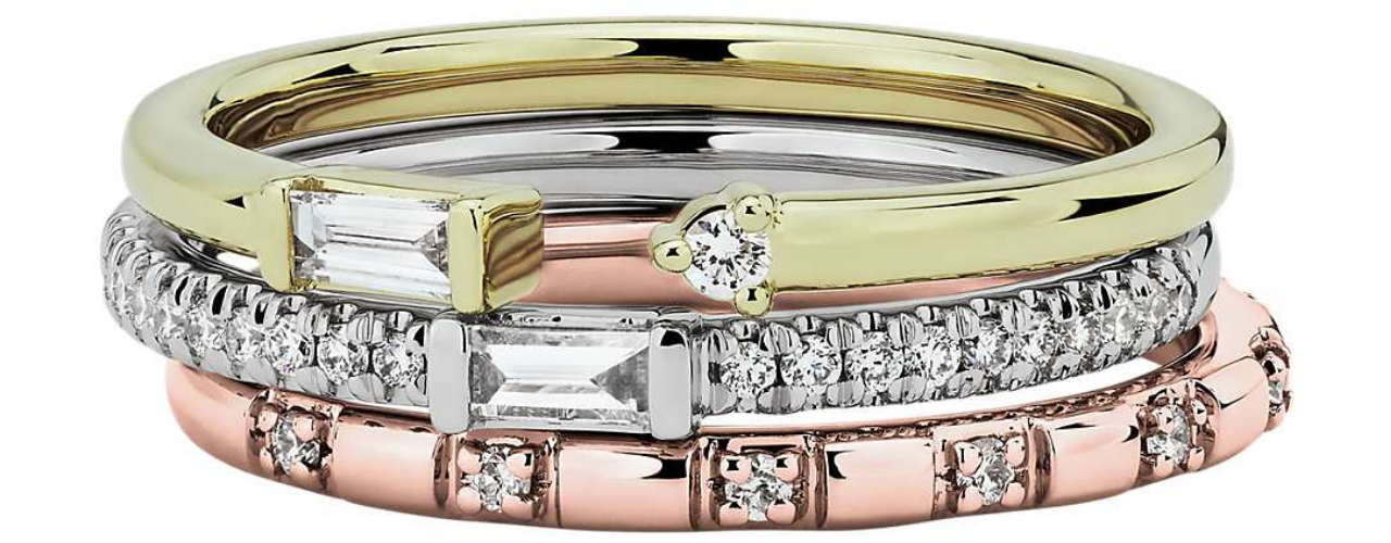 Round and Baguette Diamond Ring Stack