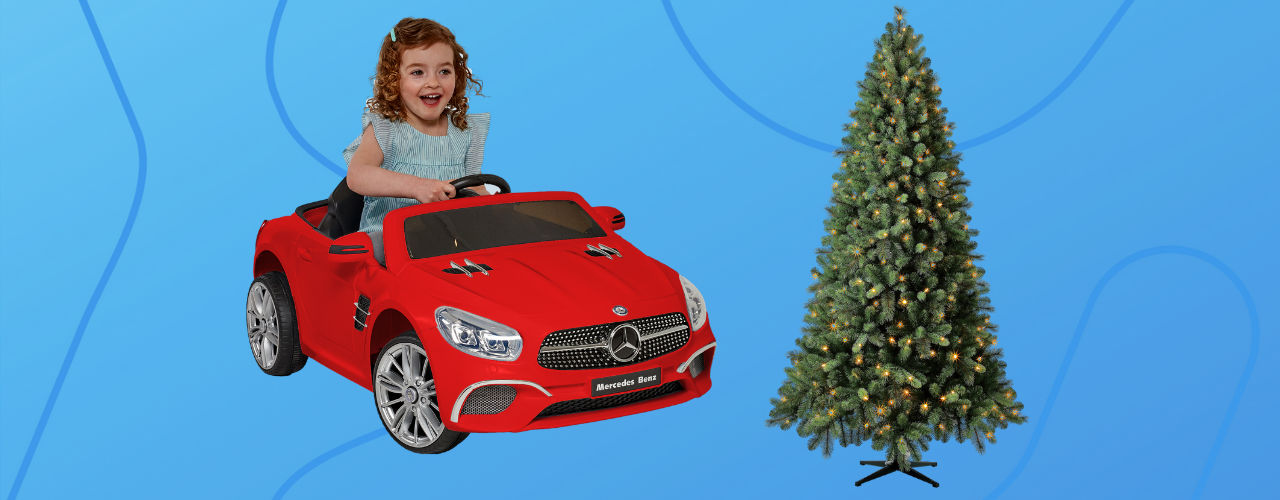 Mercedes SL-400 and 7.5-foot pre-lit LED tree on blue background