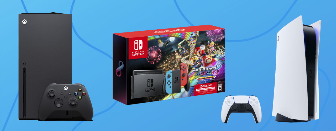 XB1 Xbox Series X, nintendo switch bundle, playstation on blue background