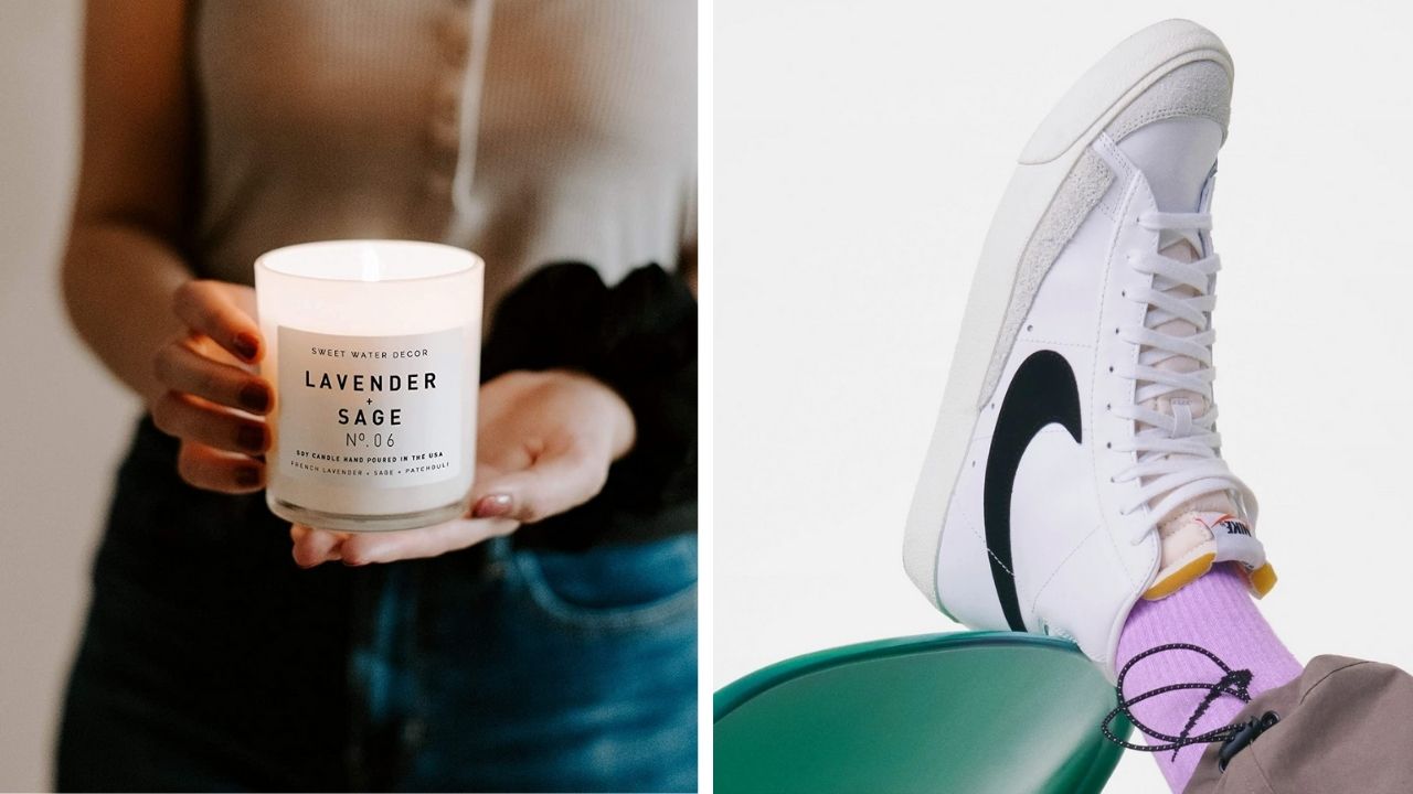 candle next to nike shoe collage