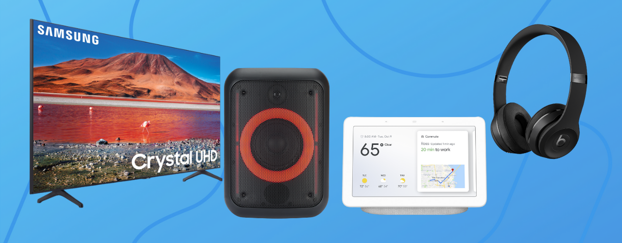 tv, speaker, google hub, headphones on blue background
