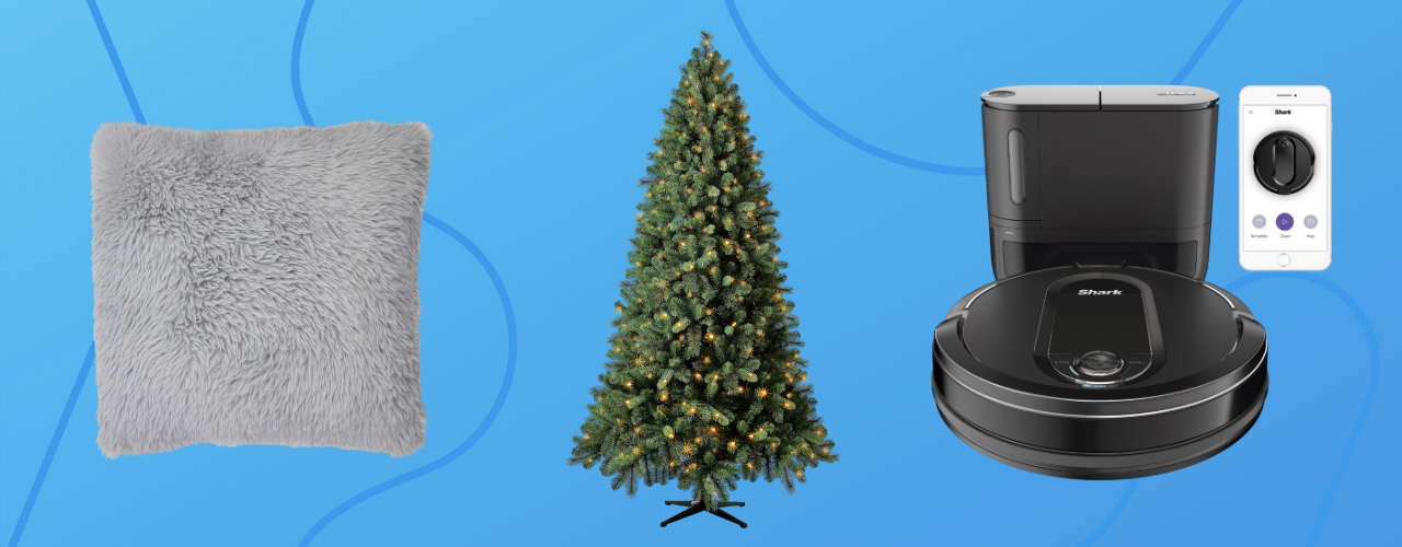 pillow, tree, and robot vacuum on blue background