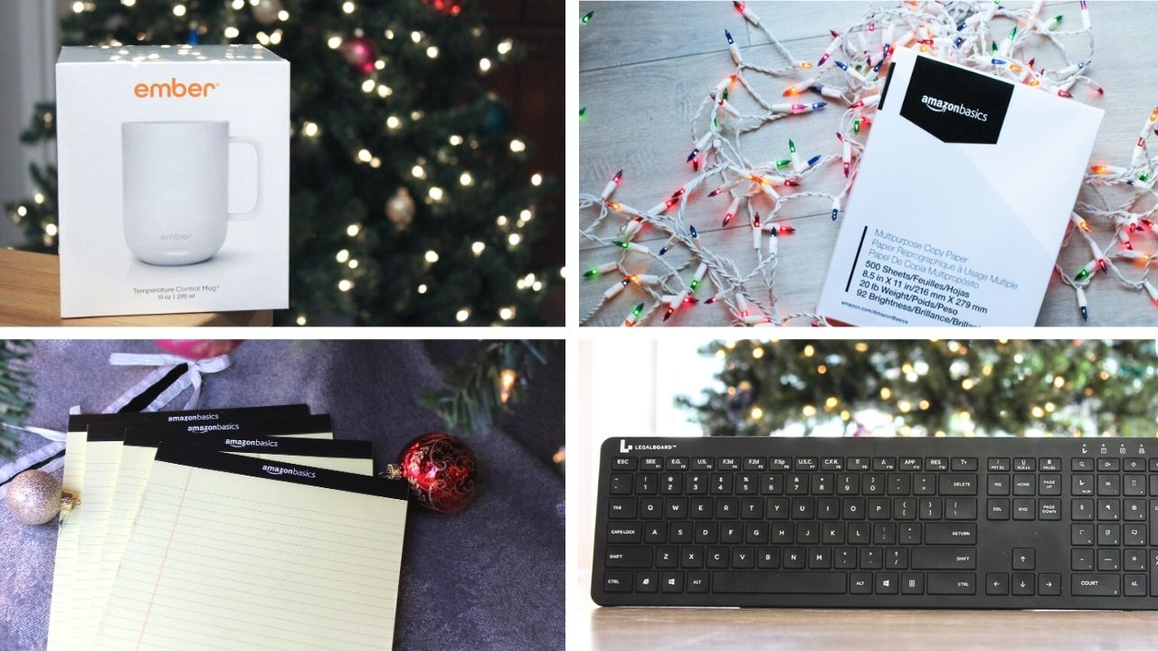 collage of ember mug, paper ream, legal pad, and keyboard