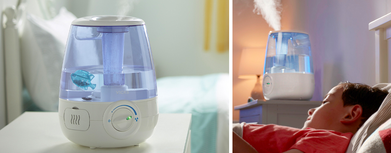 inbody Vicks Filter-Free Ultrasonic Cool Mist Humidifier on shelf in room with fish