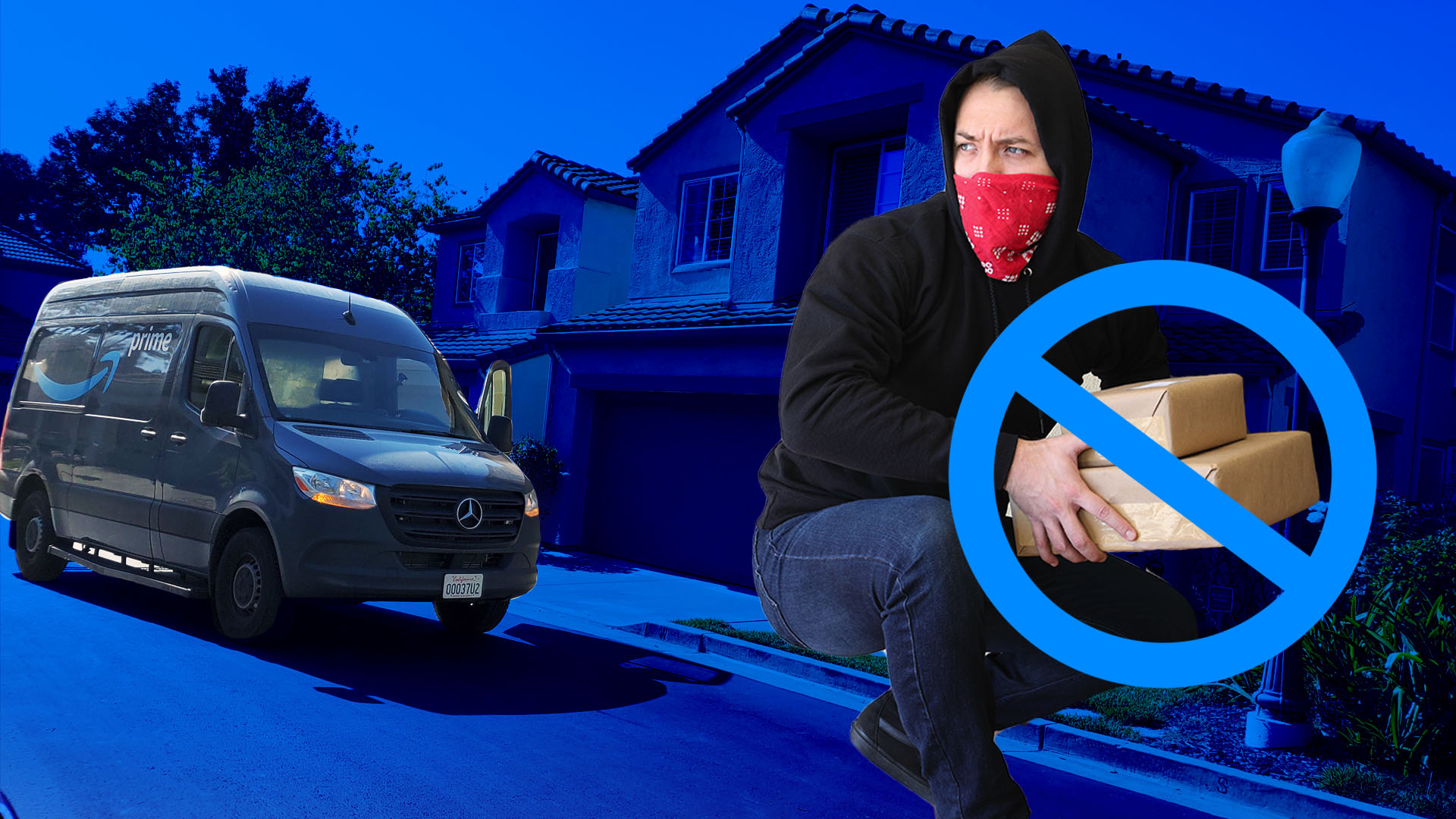 Amazon truck delivers to garage to stop porch pirate looking back at amazon delivery truck thief blue no symbol