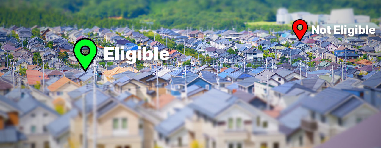 pinpoints on photo of neighborhood showing eligibility