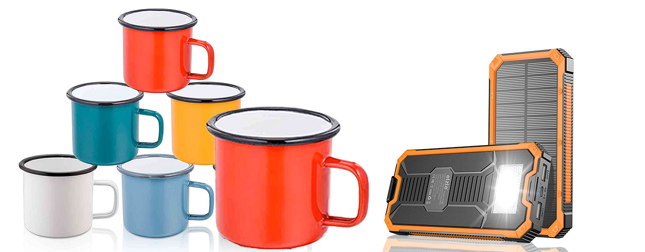 stacked mugs and power bank