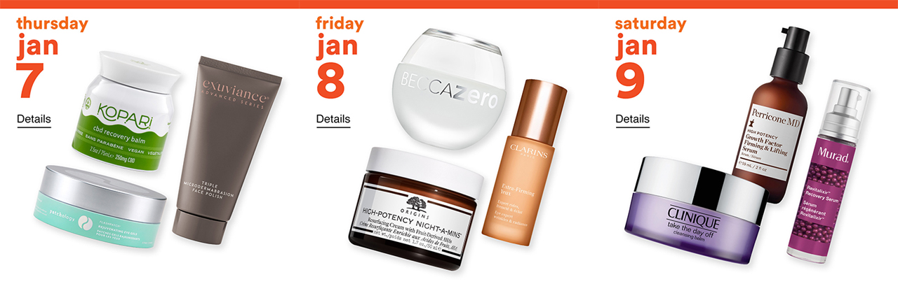 Ulta Beauty products on a white background and dates of sale