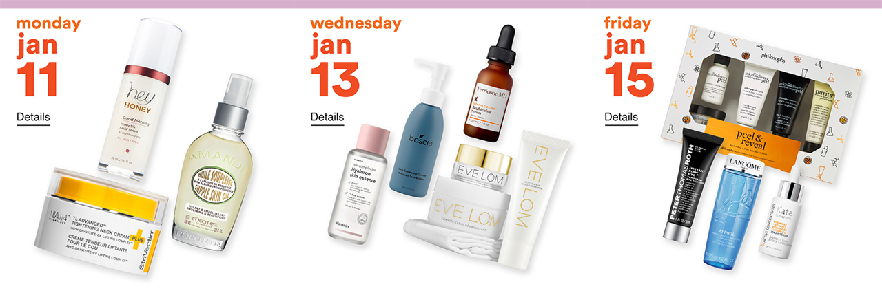Ulta Beauty products on a white background and dates of sale