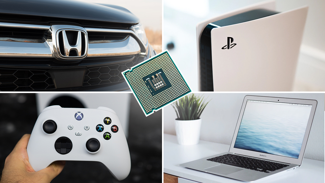 collage or honda car, xbox controller, ps5, and laptop