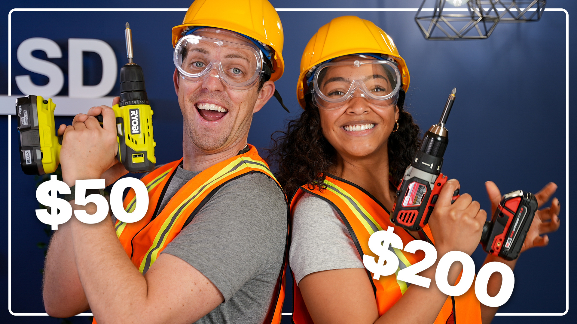 Man and a woman holding Ryobi and Milwaukee power drills